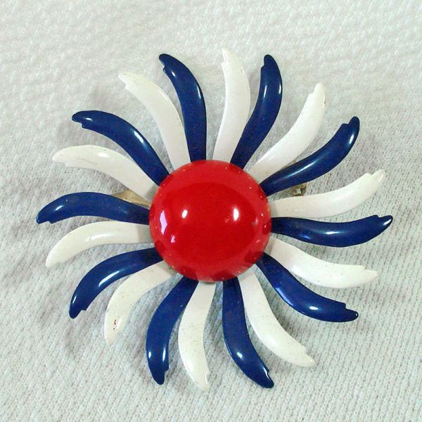 Red Blue White Enameled Flower Power Pin Brooch