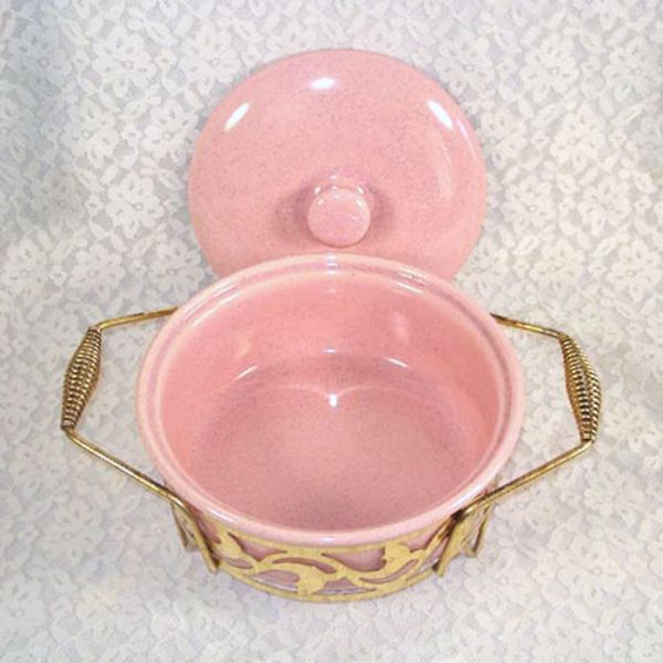 Bauer 1950s Pink Speckled Covered Casserole in Metal Cradle #2