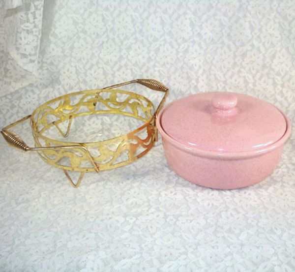 Bauer 1950s Pink Speckled Covered Casserole in Metal Cradle #3