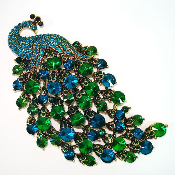 Dramatic Green Blue Rhinestone Big Peacock Brooch Pendant Pin #1