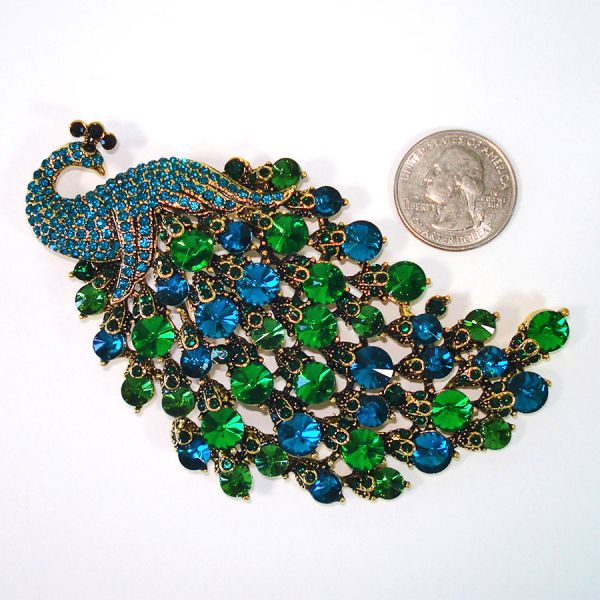 Dramatic Green Blue Rhinestone Big Peacock Brooch Pendant Pin #5