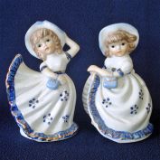 Pair Blue White Porcelain Petticoat Girls Figurines