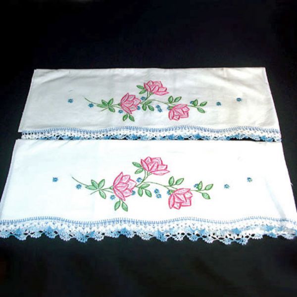 Pink Flowers Pair Embroidered Pillowcases with Crochet Lace Edging #1