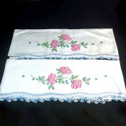 Pink Flowers Pair Embroidered Pillowcases with Crochet Lace Edging