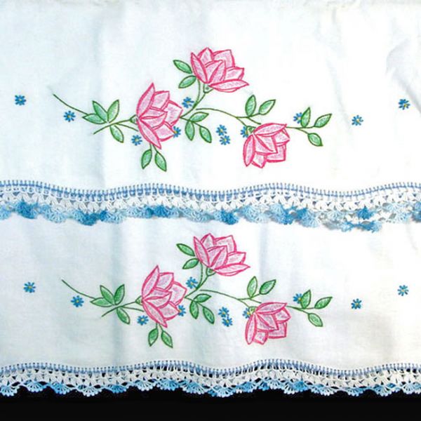 Pink Flowers Pair Embroidered Pillowcases with Crochet Lace Edging #2