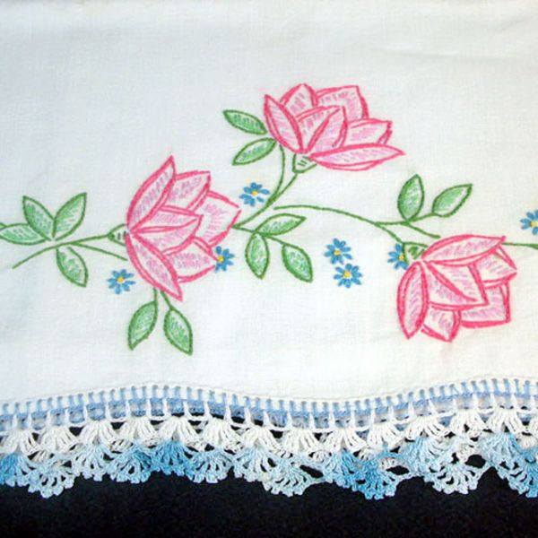 Pink Flowers Pair Embroidered Pillowcases with Crochet Lace Edging #3