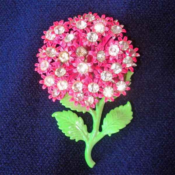 Rhinestone Pink Enamel Dimensional Puff Flower Pin Brooch