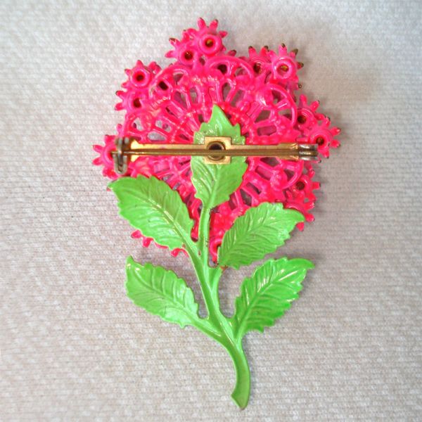 Rhinestone Pink Enamel Dimensional Puff Flower Pin Brooch #2