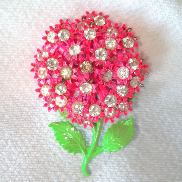 Rhinestone Pink Enamel Dimensional Puff Flower Pin Brooch #3