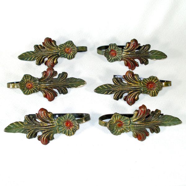 Antique Floral Polychrome Cast Iron Curtain Tie Backs Set of 6