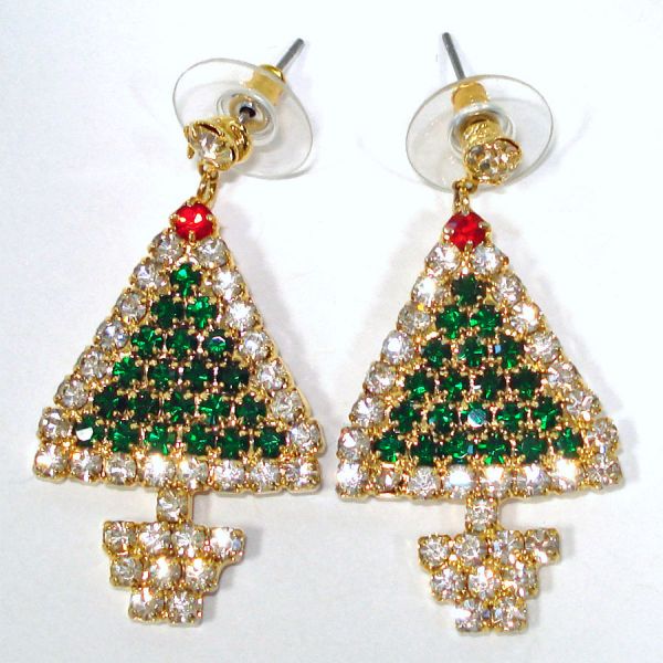 Glittery Rhinestone Christmas Tree Pierced Earrings #3