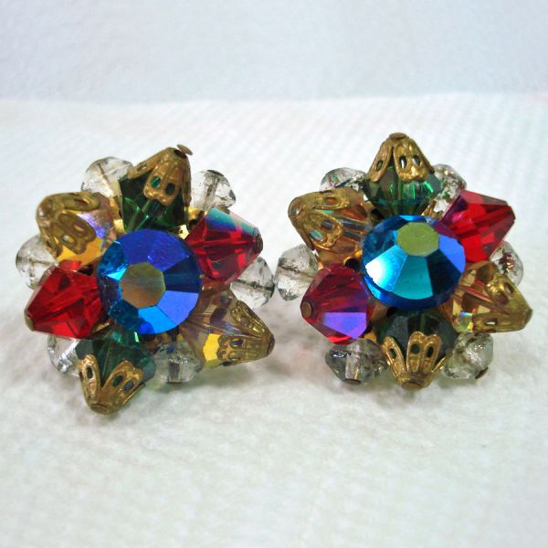 Cut Crystal Cluster Clip Earrings Red Green Blue #2
