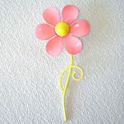 Enameled Pink Yellow Flower Power Brooch 60s Mod