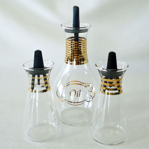 Pyrex Gold Rings Glass Salt Pepper Shakers, Oil Cruet