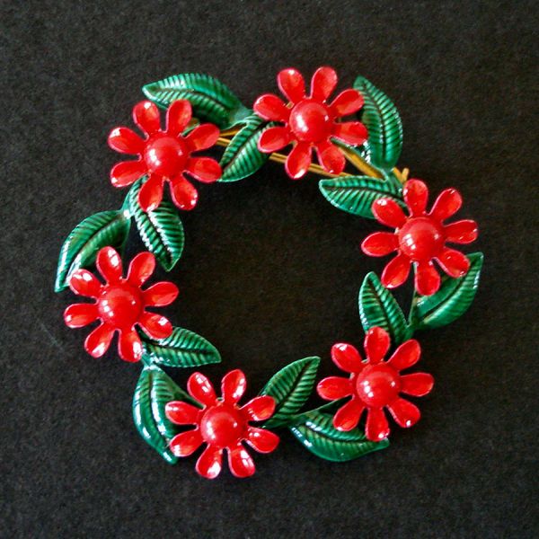 Enamel Red Green Flower Wreath Brooch Pin #4