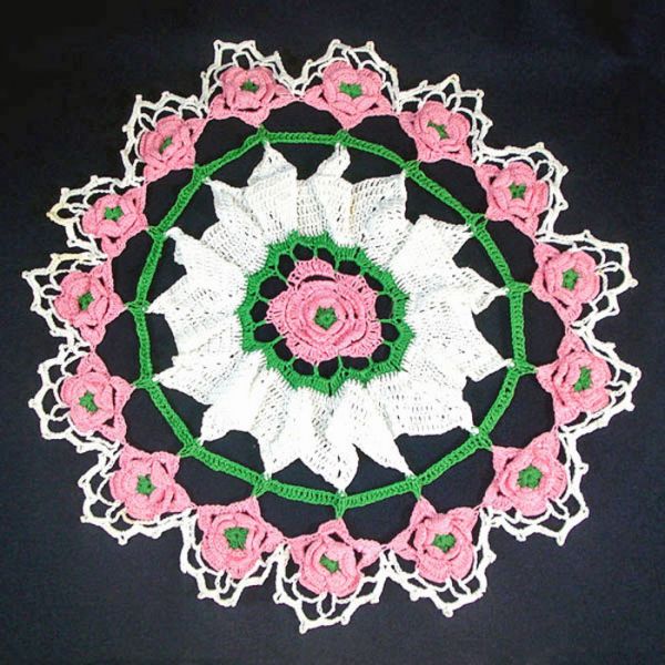 Pink and White 16 Inch Round Crochet Roses Doily