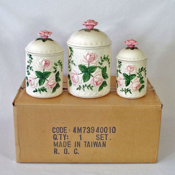 Ceramic Roses 1980s Canister Set in Original Box #1