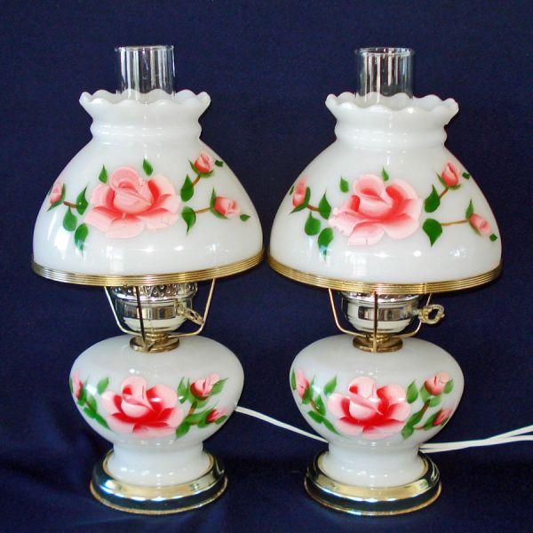 Painted Pink Roses Hurricane Table Boudoir Lamps Pair