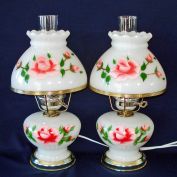 Painted Pink Roses Hurricane Table Boudoir Lamps Pair