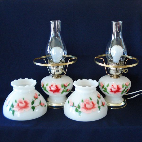 Painted Pink Roses Hurricane Table Boudoir Lamps Pair #2