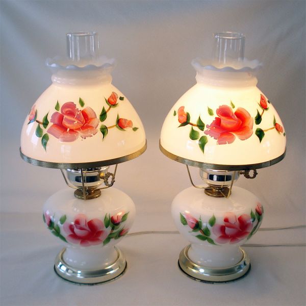 Painted Pink Roses Hurricane Table Boudoir Lamps Pair #3