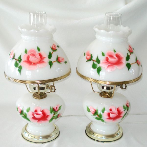 Painted Pink Roses Hurricane Table Boudoir Lamps Pair #4