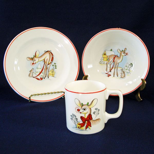 Rudolph Red Nose Reindeer Childs Christmas Dishes Set 1940s