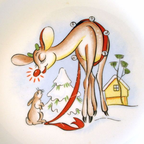 Rudolph Red Nose Reindeer Childs Christmas Dishes Set 1940s #3
