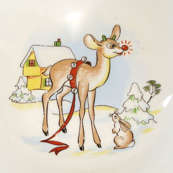 Rudolph Red Nose Reindeer Childs Christmas Dishes Set 1940s #4