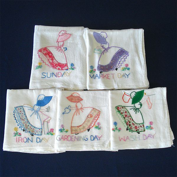 5 Embroidered Appliqued Sunbonnet Girl Kitchen Towels