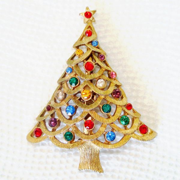 Goldtone Christmas Tree Pin Multicolor Rhinestones #1