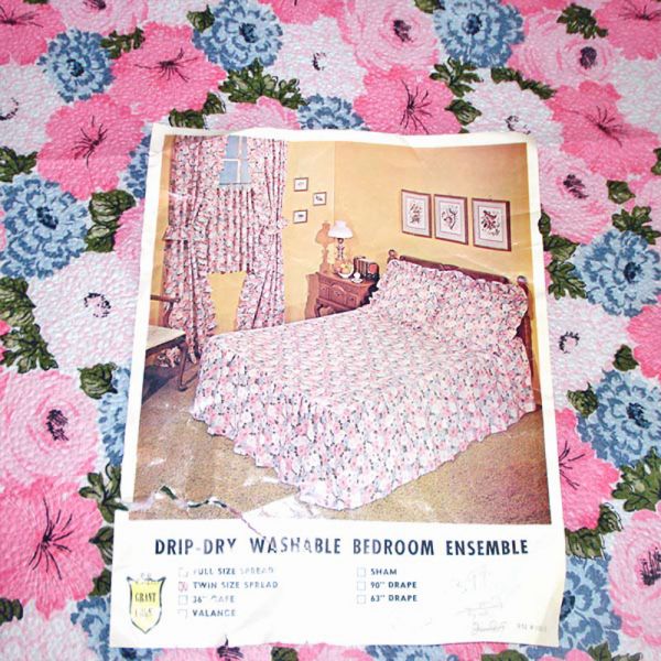 1960s Unused Blue Pink Floral Seersucker Twin Bedspread #2
