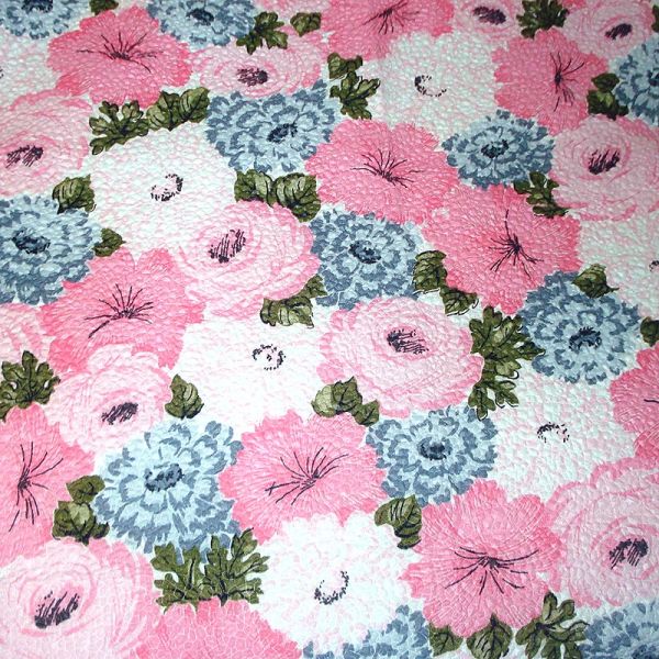 1960s Unused Blue Pink Floral Seersucker Twin Bedspread #3