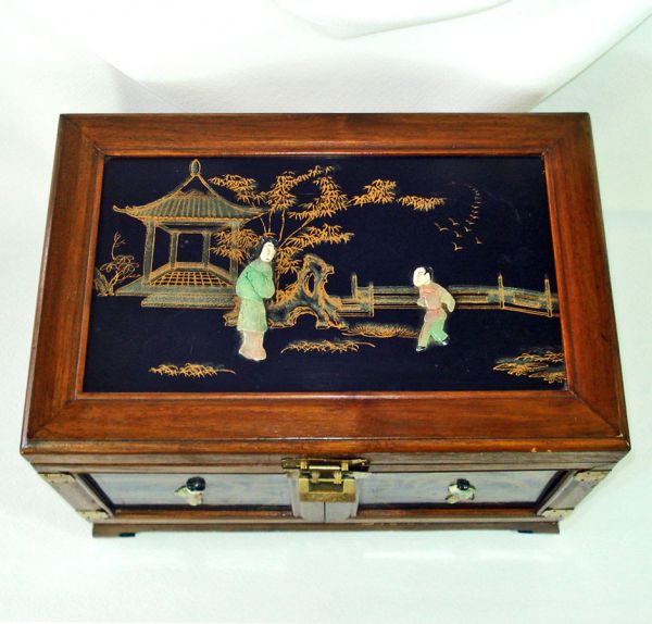 Large Vintage Jewelry Chest Soapstone Asian Figures #6
