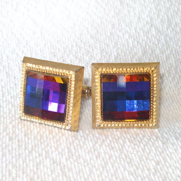 Square Faceted Vitrail Watermelon Glass Stone Cufflinks #2