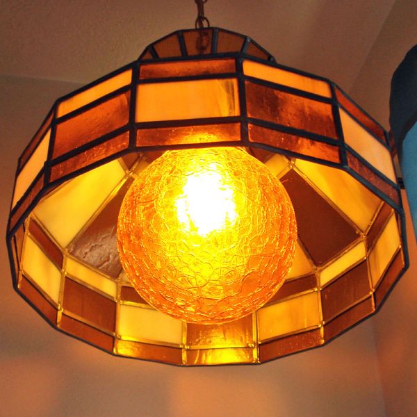 Hanging Stained Glass Lamp Crackle Glass Amber Globe #4