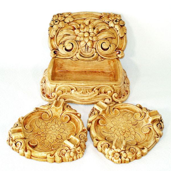 Syroco Wood Honey Blond Smoking Set Ashtrays Cigarette Box #3