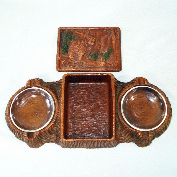 1930s Syroco Yellowstone Souvenir Smoking Set Box, Ashtrays #3