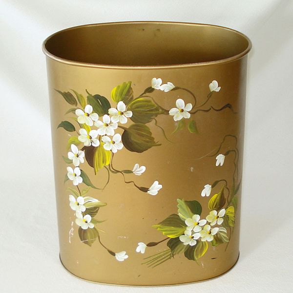 Tole Painted Flowers Metal Waste Basket Trash Can