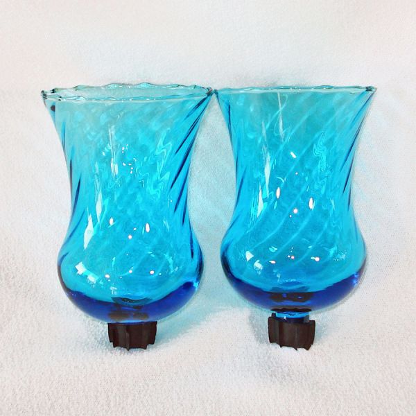 Pair Turquoise Blue Swirl Glass Votive Candle Sconce Holders