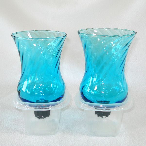 Pair Turquoise Blue Swirl Glass Votive Candle Sconce Holders #3