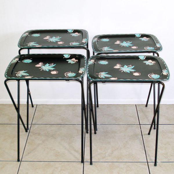 1950s Metal TV Trays Set With Rack Black Pink Turquoise Cal-Dak #2