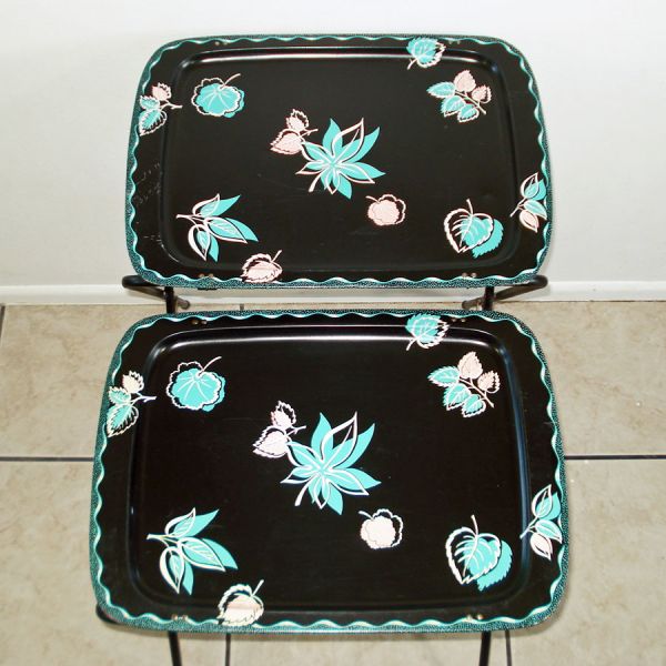 1950s Metal TV Trays Set With Rack Black Pink Turquoise Cal-Dak #3