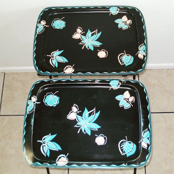 1950s Metal TV Trays Set With Rack Black Pink Turquoise Cal-Dak #4