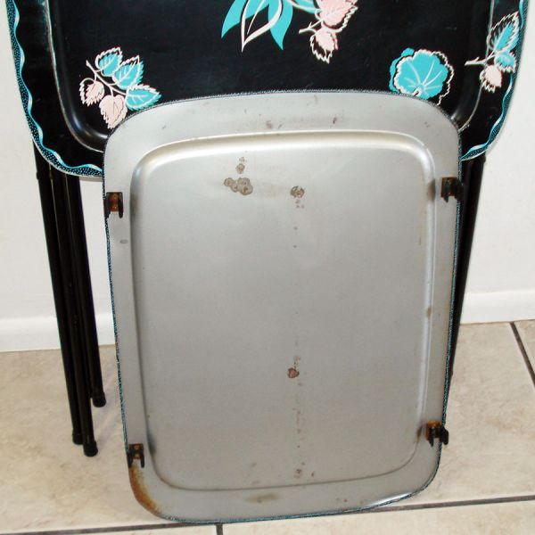 1950s Metal TV Trays Set With Rack Black Pink Turquoise Cal-Dak #5