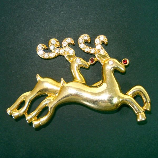 Double Reindeer Rhinestone Goldtone Christmas Brooch Pin #2