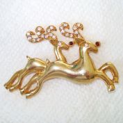 Double Reindeer Rhinestone Goldtone Christmas Brooch Pin