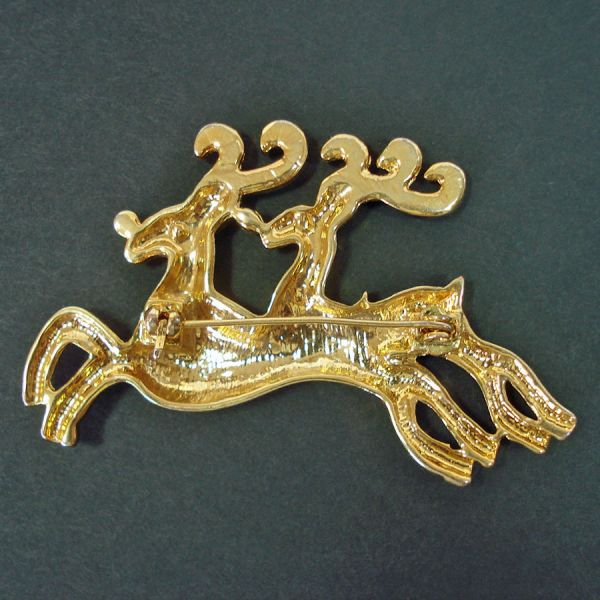 Double Reindeer Rhinestone Goldtone Christmas Brooch Pin #3