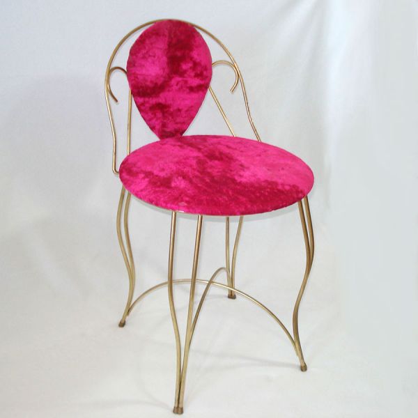 Brass, Hot Pink Velour Mid Century Vanity Chair Stool
