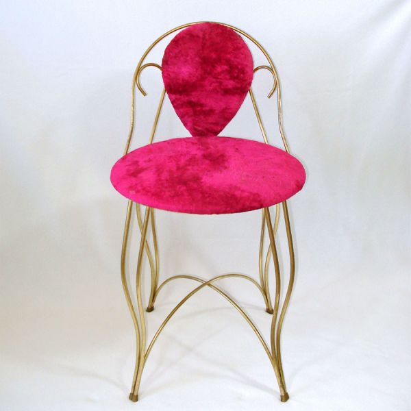 Brass, Hot Pink Velour Mid Century Vanity Chair Stool #2